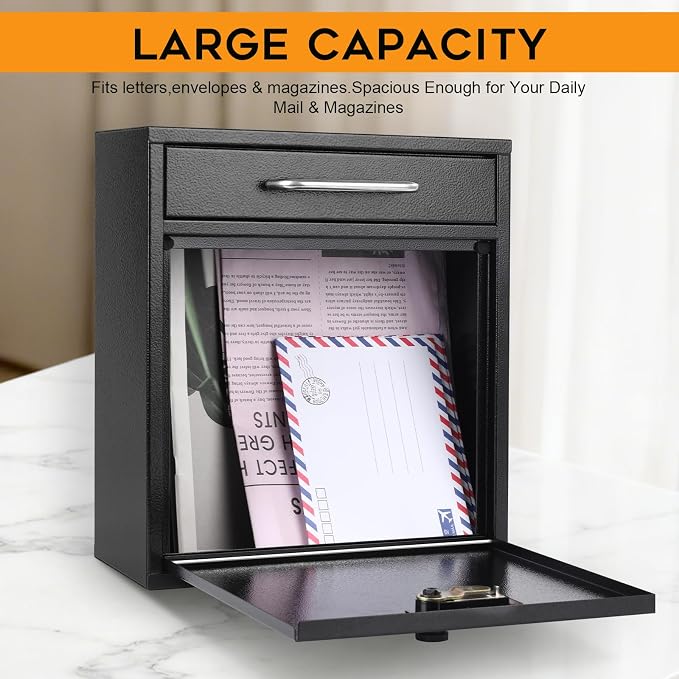 xydled Wall-Mount Mailboxes with Combination Lock, Steel Combination Lock Mail Boxes Outdoor, Locking Wall Mount Mailbox, Security Key Drop Box, 13.4H x 11.6L x 5.8W Inches, Black, Large