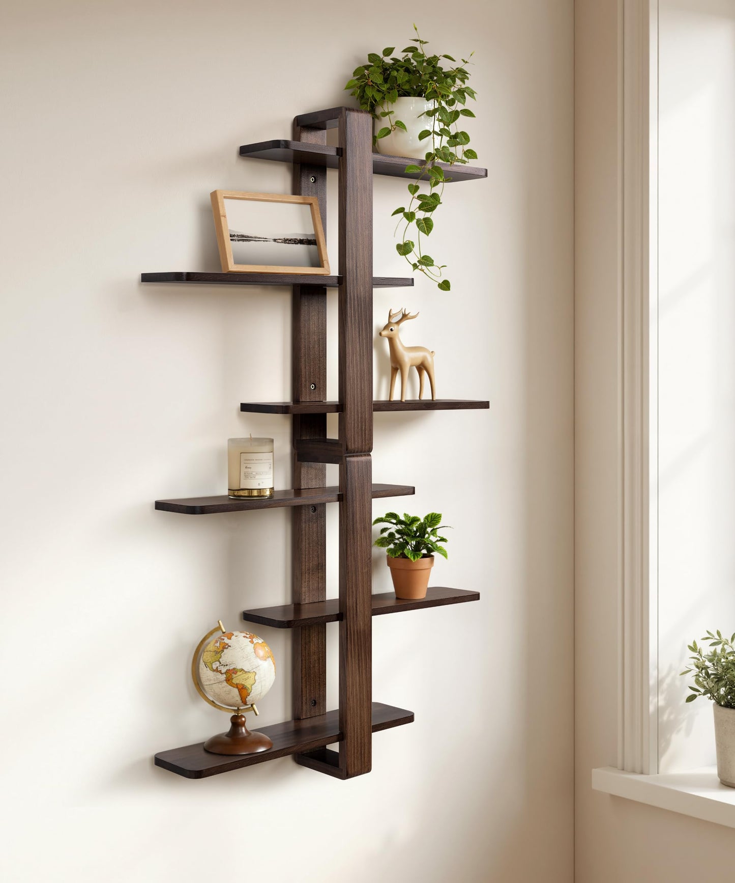 SUMGAR Floating Shelves for Wall Walnut Mounted Shelf Unit for Living Room Bedroom Bathroom Mid Century Modern Decorative Storage Plant Photo Display Home Decor 3 Tier Large 20in All Pine