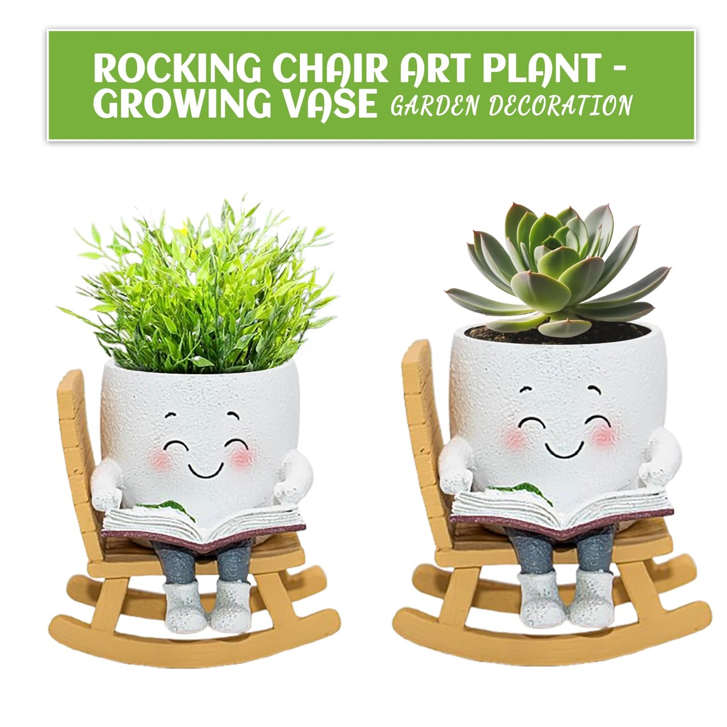 Toparad Smily Face Rocking Chair Reading Book Planter Pots, Cute Resin Flower Head Succulent Planters for Indoor Plants, Gift IdeaI for Mother Christmas Birthday with Drainage Hole
