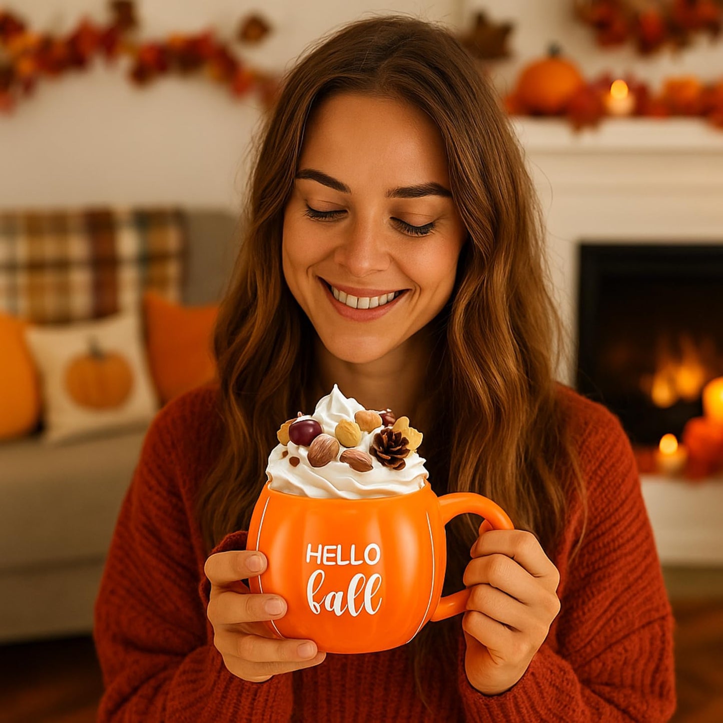 GlikCeil 2 Pcs Fall Pumpkin Mugs, Hello Fall Hello Pumpkin Coffee Cups for Tiered Tray 17 oz Thanksgiving Table Centerpieces Ceramic Mugs Drinking Cup for Autumn Harvest Wedding Birthday Gift