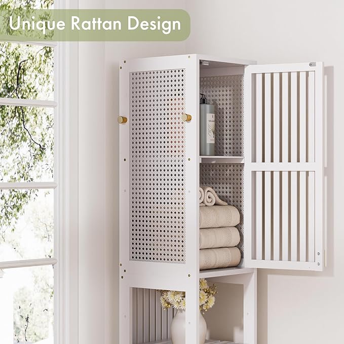 Amazer White Bathroom Storage Cabinet 70'', Bamboo Slim Storage Cabinet