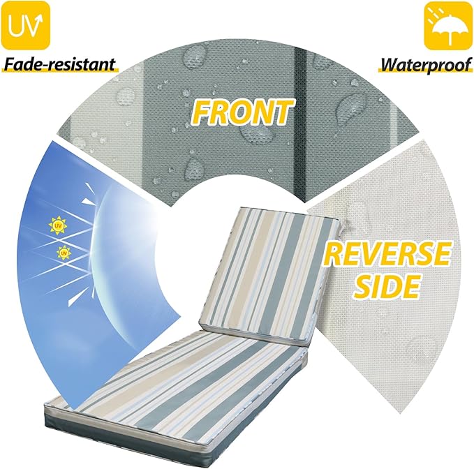 AAAAAcessories Outdoor Chaise Lounge Cushions, Fade-Resistant, Waterproof Patio
