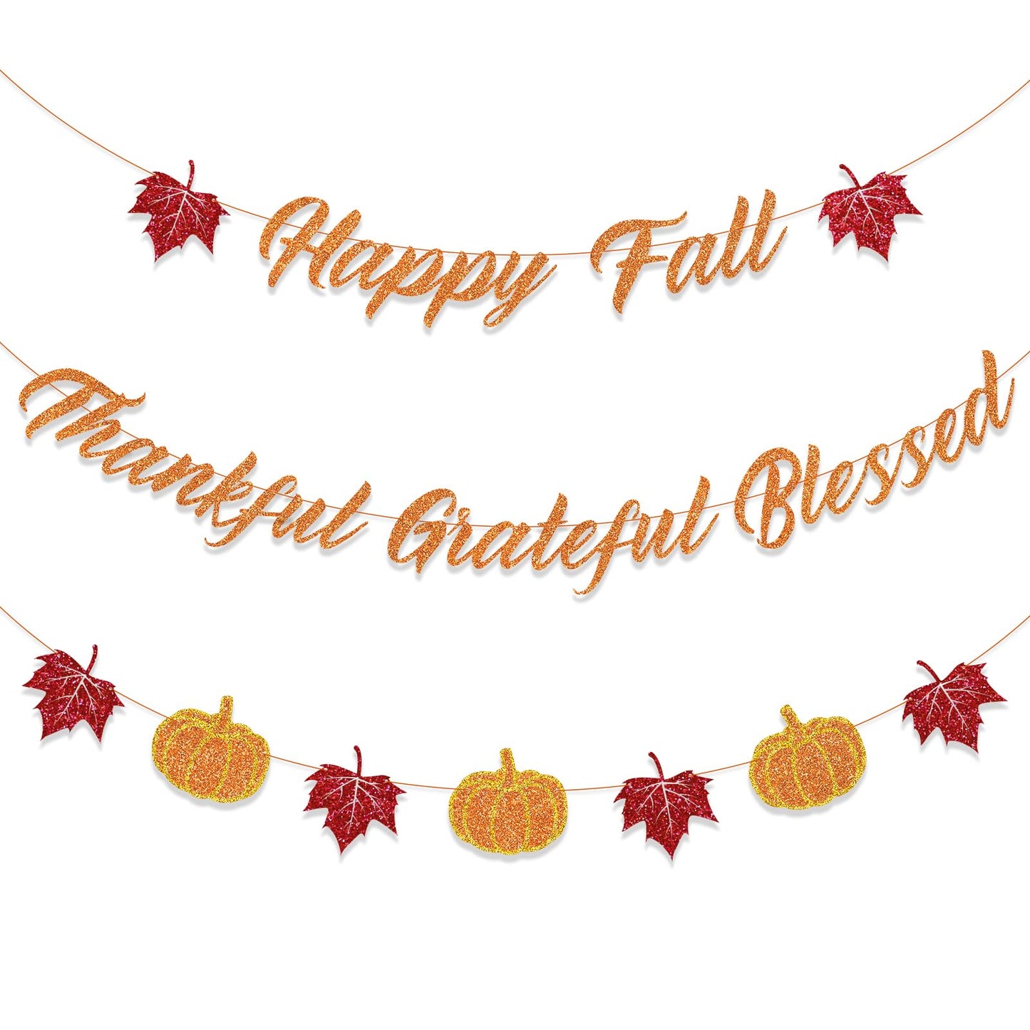 Tinbax Fall Decorations Home Thanksgiving decor - Happy Fall and Blessed Grateful Thankful Banner with Pumpkin Maple Leaves Sign Garland Banner(Pre-Strung)
