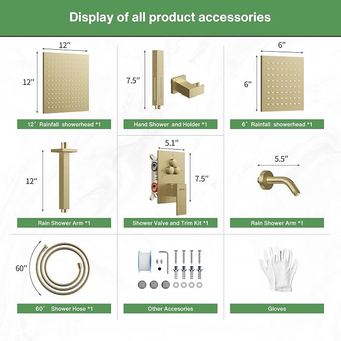 VANFOXLE Brushed Gold Shower System, Push Button Pressure Balance Shower Valve, Ceiling Mount Thick 12" Shower Head, 6" Shower Head, 2-in-1 Handheld, High Pessure Self-Cleaning for Modern Bathroom