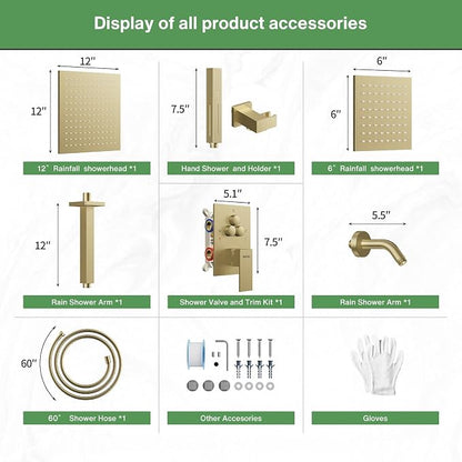 VANFOXLE Brushed Gold Shower System, Push Button Pressure Balance Shower Valve, Ceiling Mount Thick 12" Shower Head, 6" Shower Head, 2-in-1 Handheld, High Pessure Self-Cleaning for Modern Bathroom