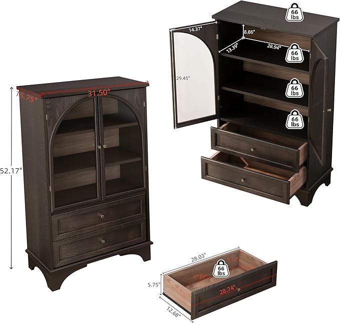 52" Tall Display Cabinet with Glass Doors, Glass Display Case Storage Cabinets