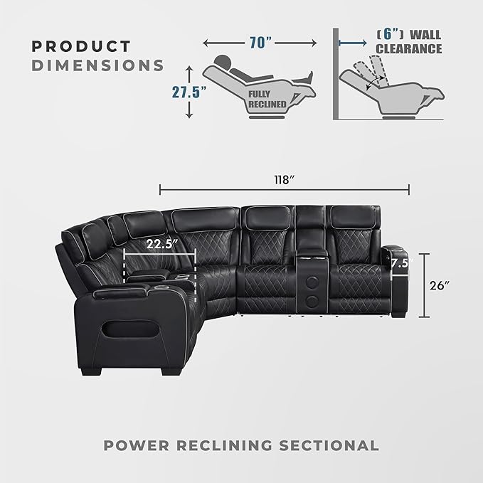 Lexicon 118" Power Reclining Sectional Sofa, Wall Hugger, 2 Recliner Seats
