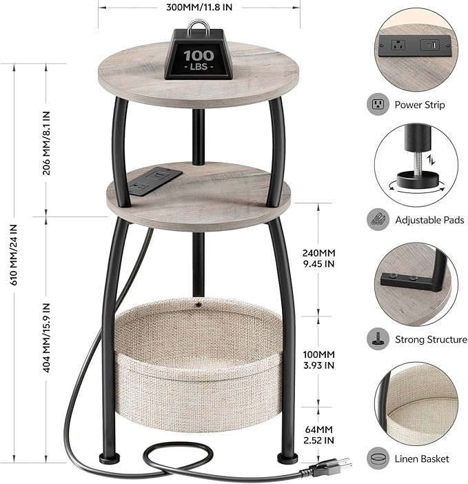 Small Side Table with Charging Station, Round End Table with Basket, USB Port