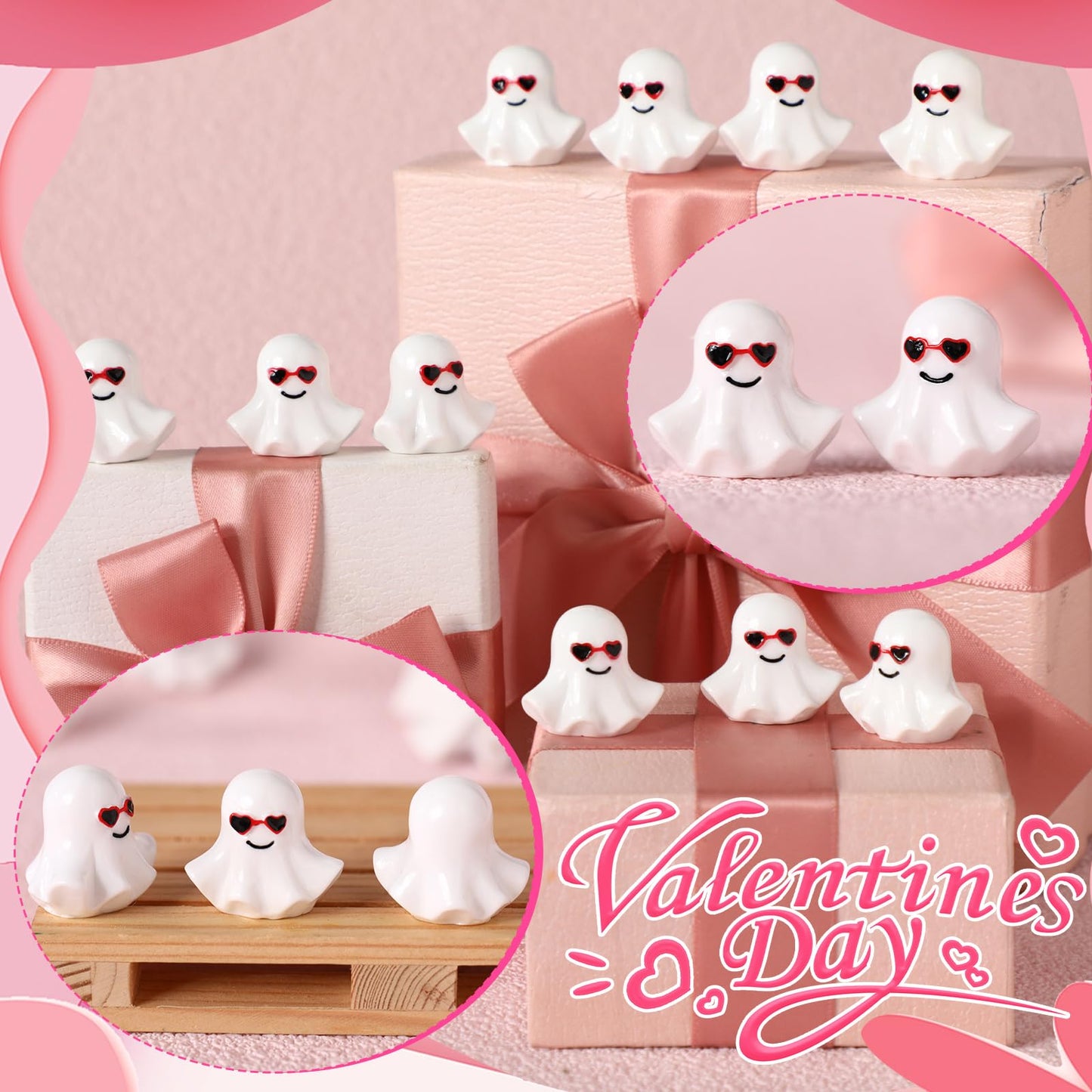 VioraWhite 50 Pcs Valentines Mini Ghost Figurines Cute Tiny Resin Ghost with Heart Sunglasses Miniatures Valentine's Day Romantic Gift Shelf Decor for DIY Crafts Landscape Garden Cake Topper Lawn