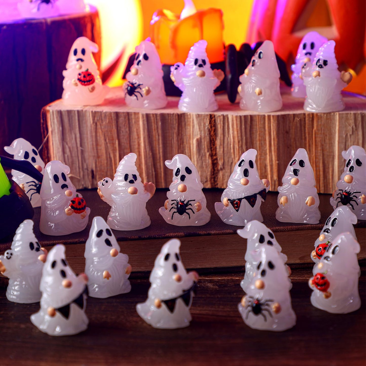 Quzzil 80 Pcs Halloween Glow in Dark Ghost Luminous Mini Resin Ghost Figurines Bulk to Hide Halloween Miniature Figurines Decorations for Landscape Patio Garden Yard Party Village Crafts
