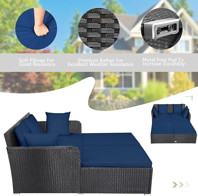 COSTWAY Outdoor Patio Rattan Daybed, Sponge Cushioned Loveseat Sofa