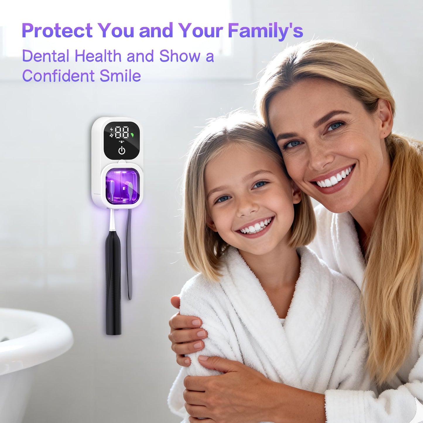 Toothbrush Sanitizer, Wall Mounted Toothbrush Holder & Toothbrush Cleaner, 4UVC Lights Cleaning, 2300mAh High-Capacity Battery, Auto-inductive Cover, Rechargeable Toothbrush Holders for Bathrooms, RV
