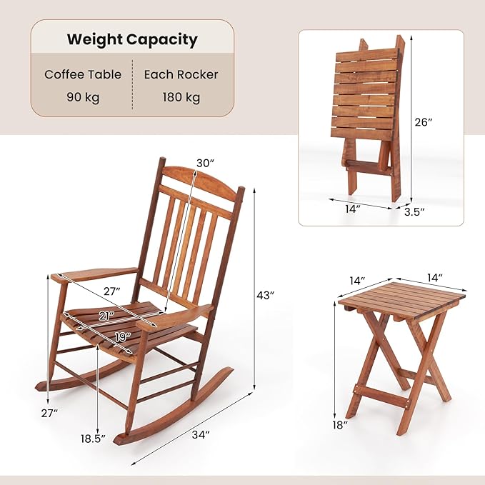 Tangkula 3-Piece Outdoor Poplar Wood Rocking Bistro Set, High Back Front Porch