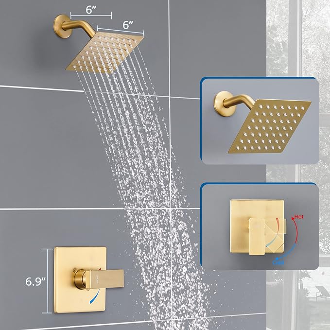 Esnbia Shower Kit, Shower Faucet Set（Valve Included) with 6-Inch Rain Shower Head, Single-Handle Shower Trim Kit, Brushed Gold