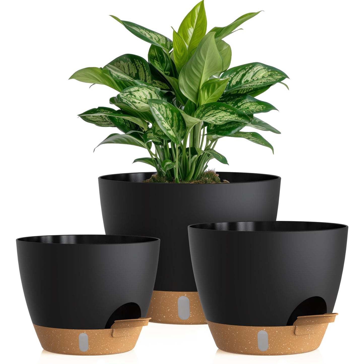 KUGAZ Self Watering Pots with Drainage Holes, 3 Pack 12/10/8 Inch Plant Pots with Water Level Indicator Deep Reservoir, Large Plastic Planter for Indoor Outdoor Plants - Black Brown