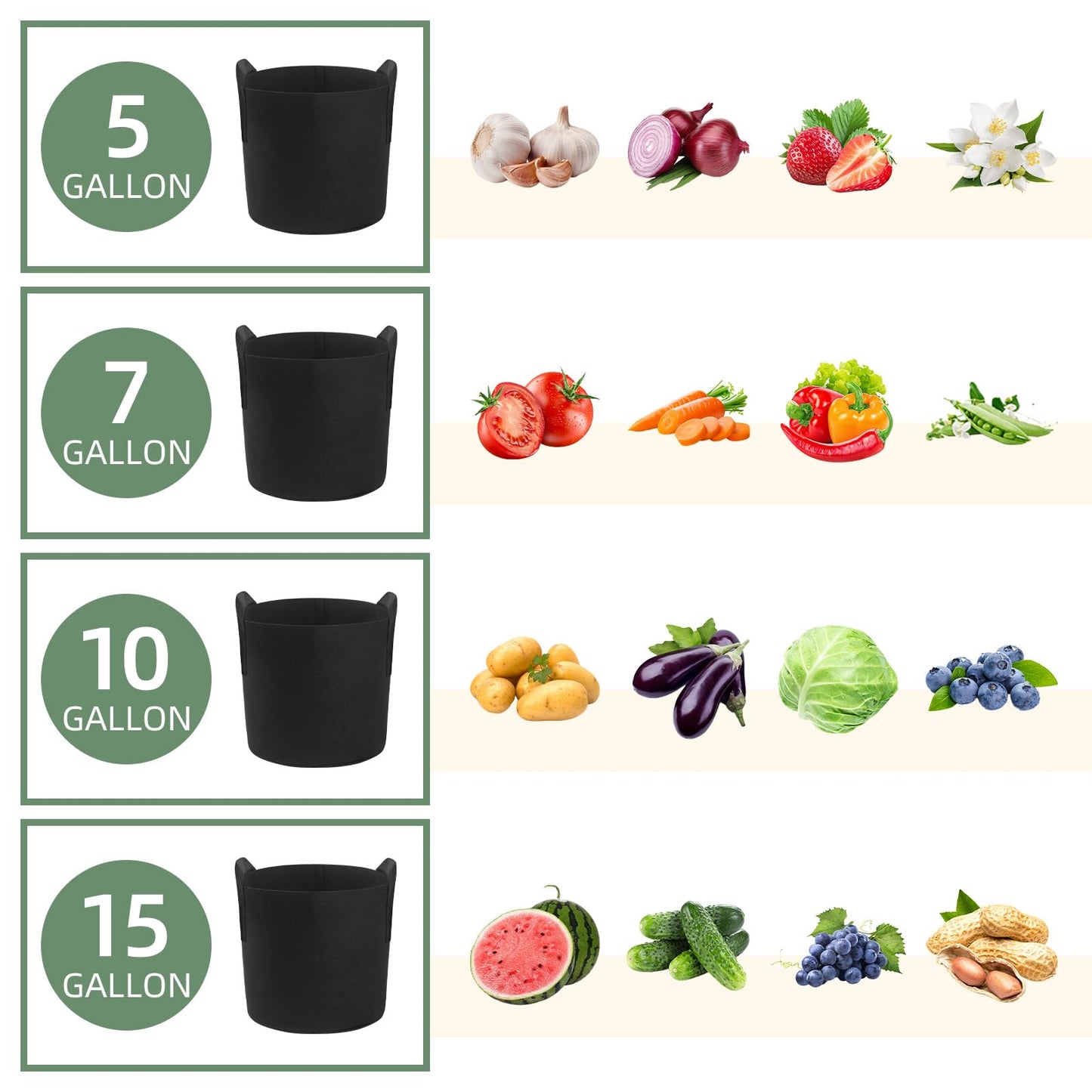 LITLANDSTAR 7 Pack Black Grow Bags, Thickened Nonwoven Plant Fabric Pots with 4 Sizes - 5/7/10/15 Gallon Aeration Planting Bags for Potato Tomato Carrot Strawberry
