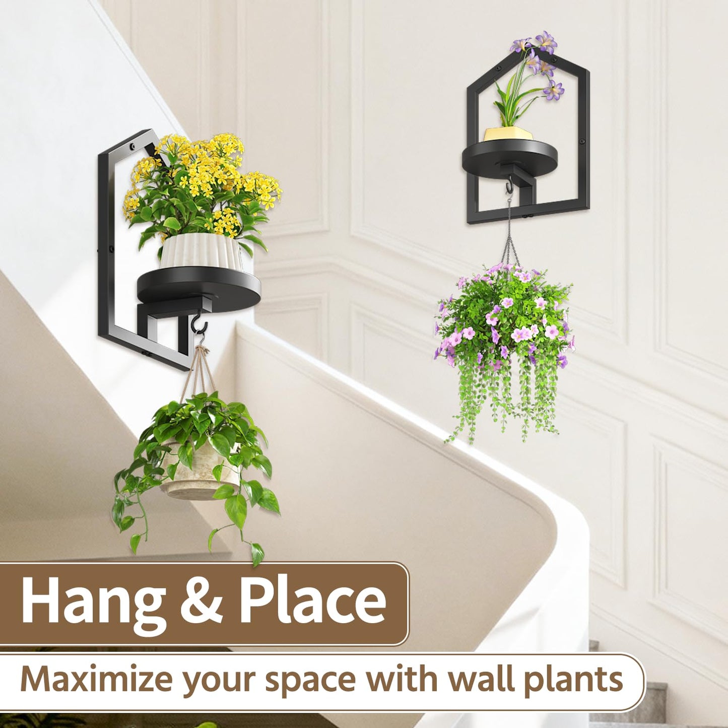 LASZOLA 3 Pcs Black Wall Mount Plant Shelves with Hangers for Indoor Flower, Heavy Duty Metal Window Floating Planter Holders Stand, Iron Modern Picture Frame Decorative for Bathroom Kitchen with Hook