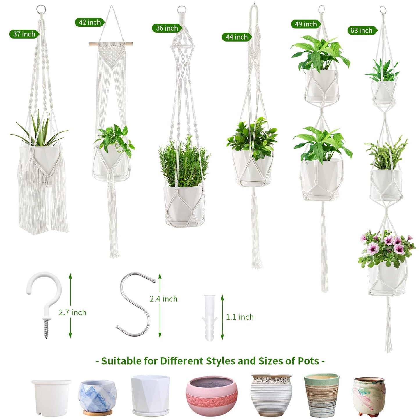 Macrame Plant Hangers, 6Pack Hanging Planters for Indoor Plants w/ 6 Set Hangers Kit Handmade Macromay Plant Hangers Indoor Flower Pots Holder Stand for Boho Home Décor (POTS NOT Included)