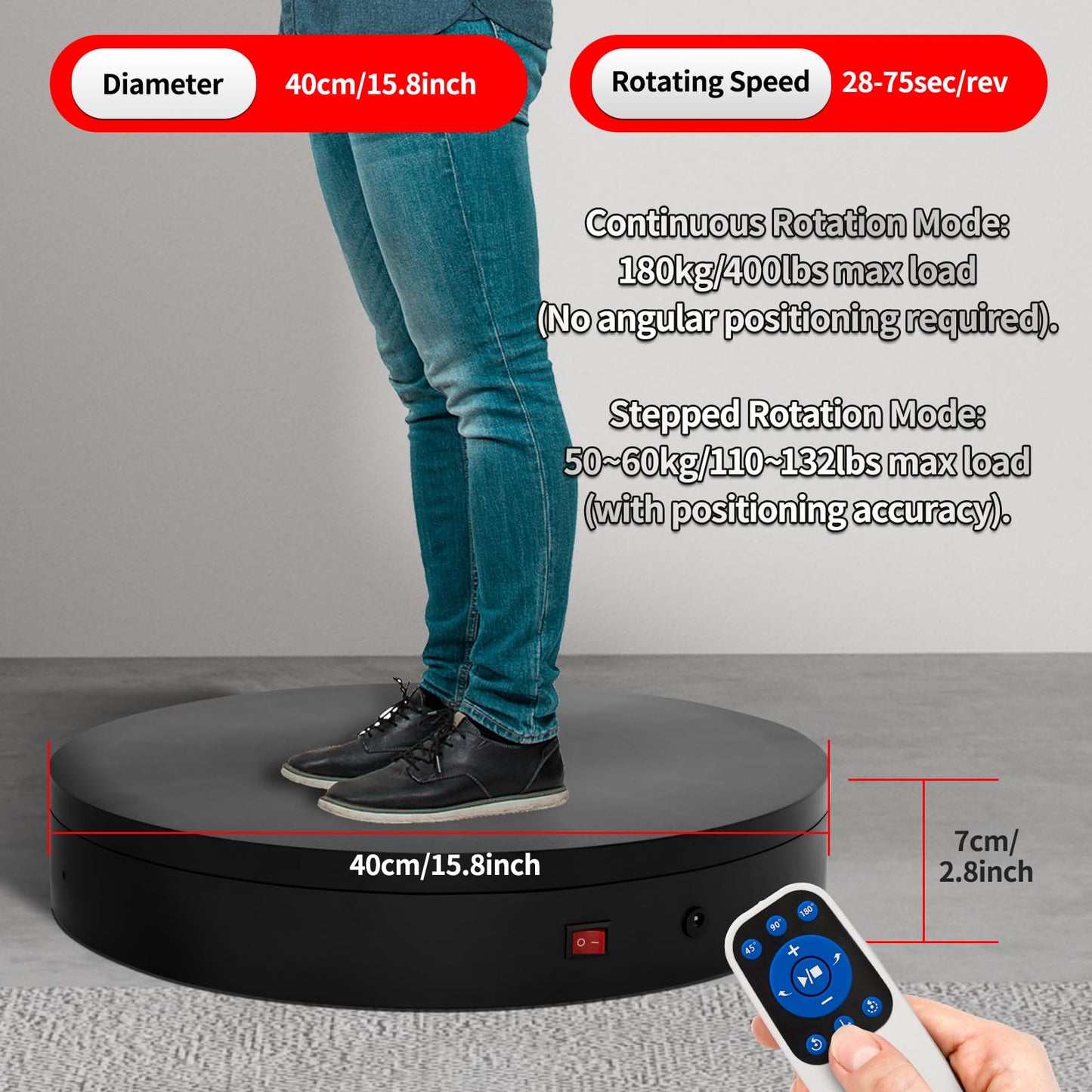 15.8In Remote Motorized Electric Turntable Rotating Display Stand Rotating Platform Photography Turntable motorized lazy susan base giratoria para for Photography,3D Scanner,(Load Range:132~400lbs)