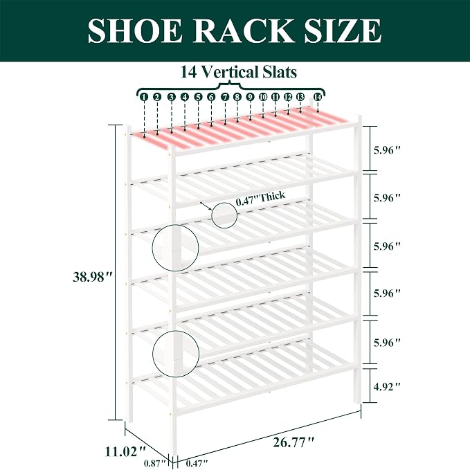 Smiry Bamboo Shoe Rack, 6 Tier Free Standing Wooden Shoe Organizer, Stackable Wood Shoe Storage Shelf for Closet, Entryway, 12 Vertical Slats, 2+2+2 Stack Standard Legs, 26.8"x11"x39", White