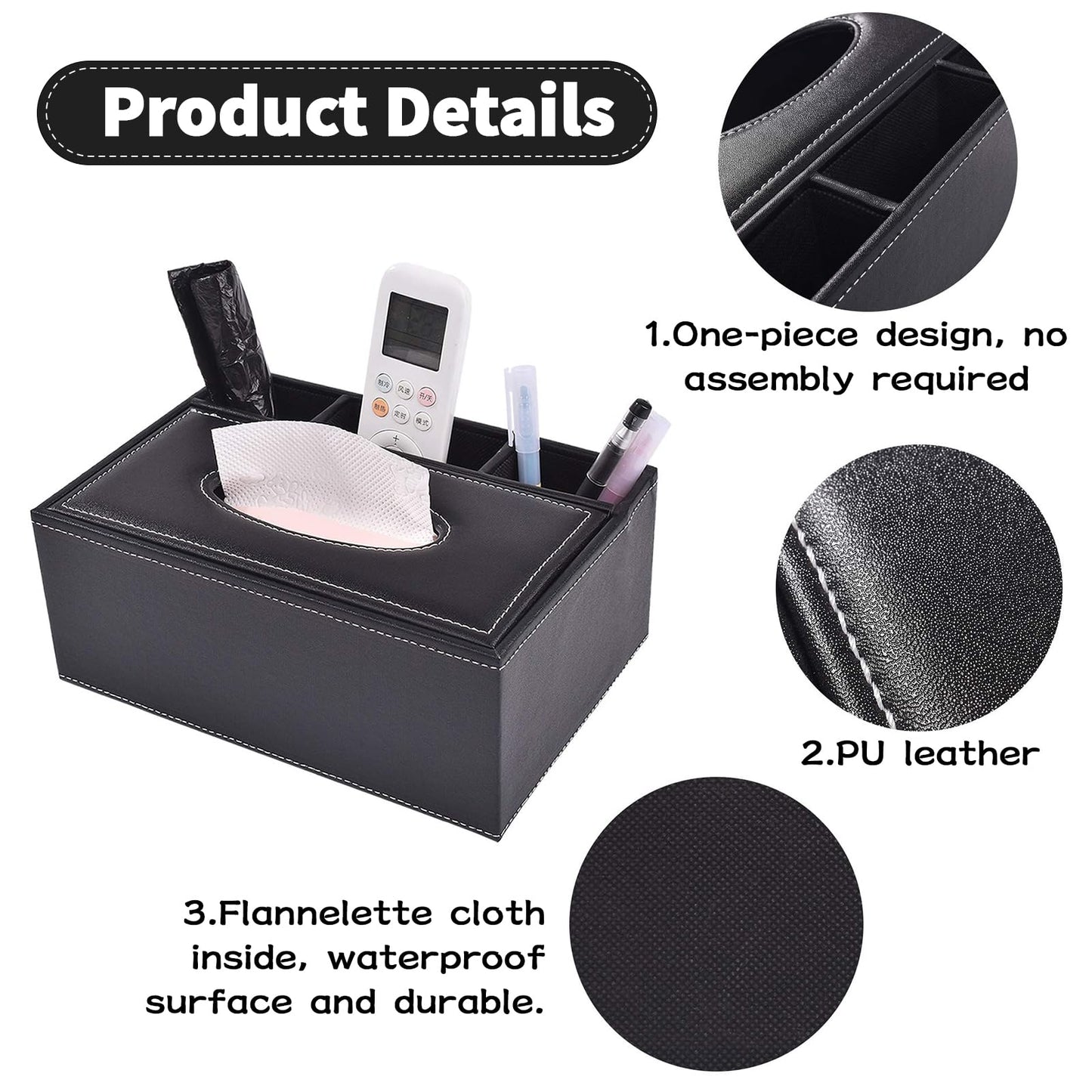 PU Leather Tissue Box Cover, Multifunctional Kleenex Box Covers Rectangular, Desktop Napkin Remote Control Holder, 3 Storage Grids Desk Organizer (Black)