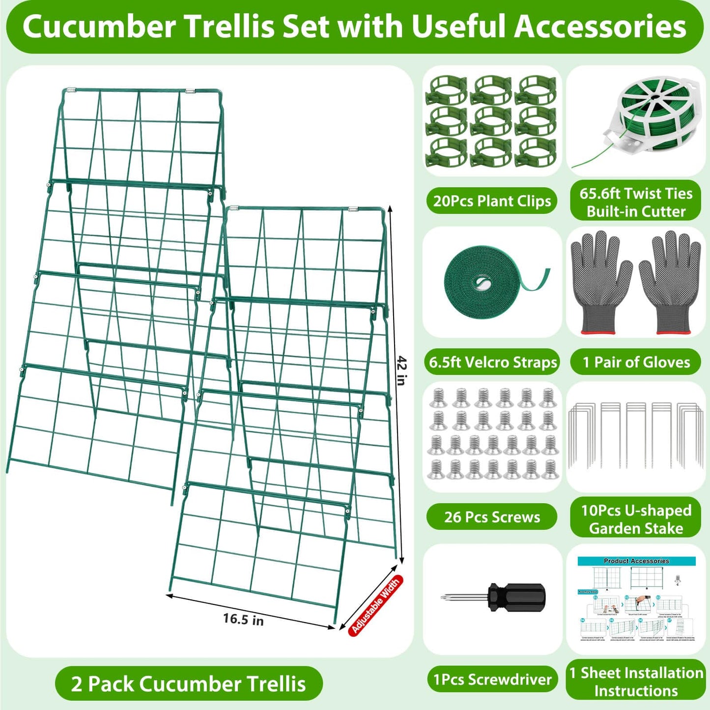 ROADPLUM 2 Pack Cucumber Trellis for Raised Garden Bed, Outdoor Sturdy Metal A-Frame Cucumber Trellis Support for Climbing Plants Vegetables with Accessories, Easy Installation & Easy Harvesting