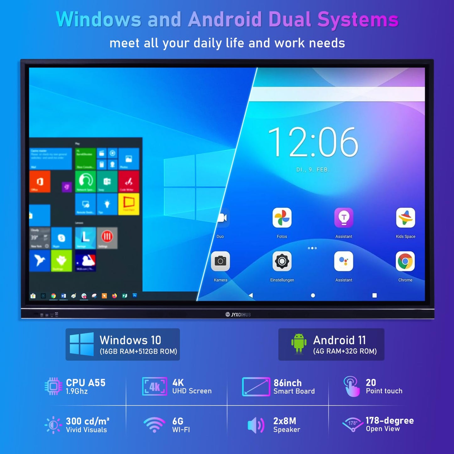 Interactive Whiteboard, 86inch Smart Board with 4K UHD Touch Screen Flat Panel, All in One Digital Electronic Whiteboard Built in Dual System for Conference