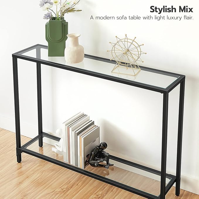 HOOBRO 39.4" Narrow Console Table, Tempered Glass Sofa Table, Behind Couch