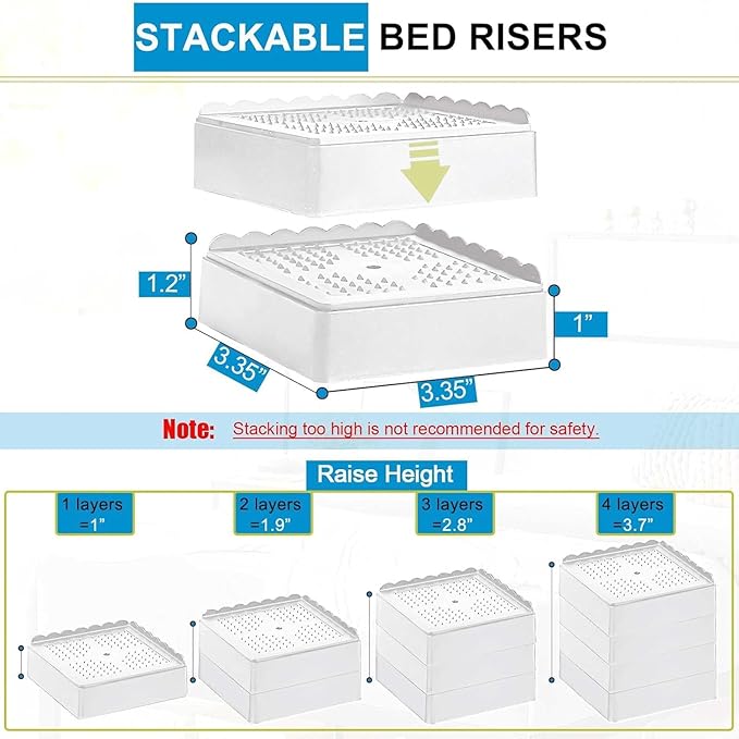 Bed Risers 1 inch, 2 inch, 3 inch, 4 inch Heavy Duty, Adjustable Furniture Riser