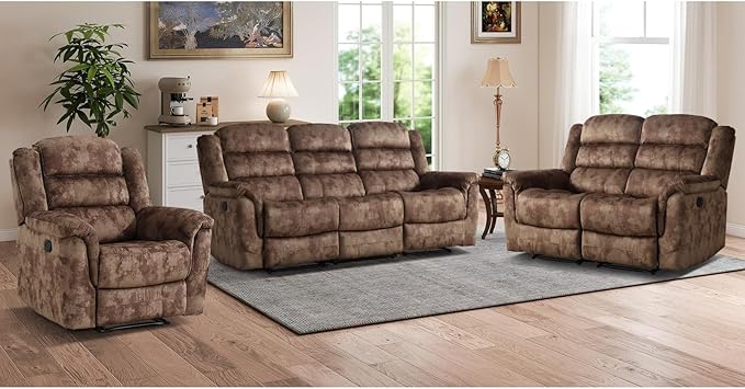 EBELLO 3 Pieces Reclining Living Room Set, Overstuffed Soft Fabric Manual