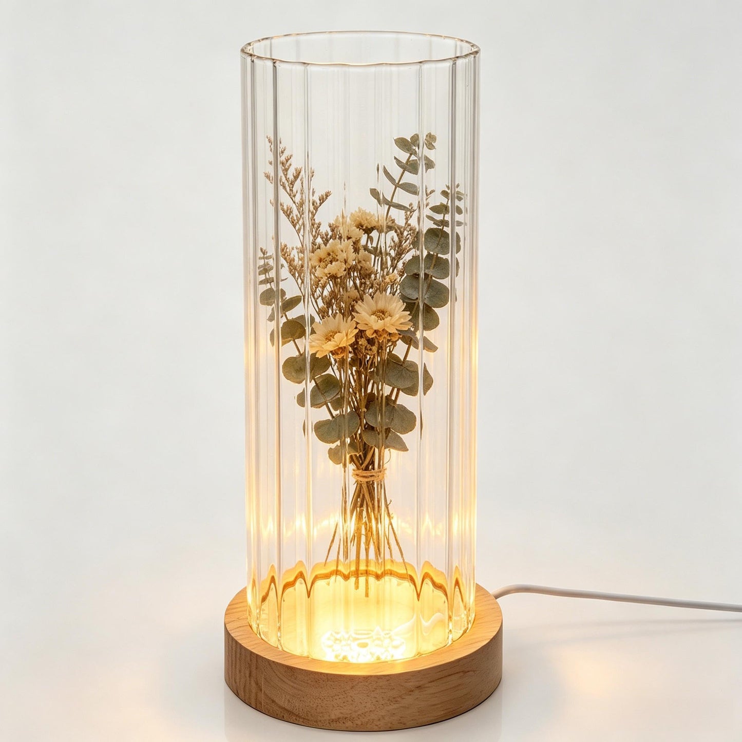 Wisifayardin Ribbed Glass Cylinder Vase with LED Light Base - 7.9 Inch Clear Fluted Bud Vase for Flowers Pampas Grass, Light Up Terrarium Fish Bowl Centerpiece, Home Decor Gift