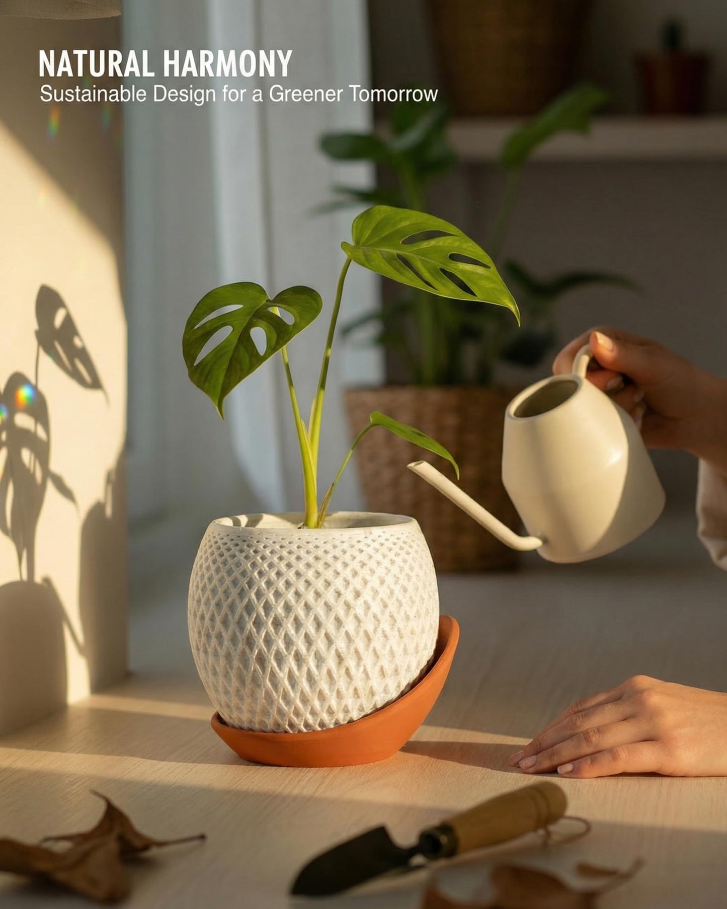 CODIAO Small Plant Pots Indoor with Drainage & Saucer (4 Inch) - Cute 3D Printed Geometric Planter - Modern White Pot for Succulents Cactus - Unique Desk Decor & Gardening Gift (Terra Cotta Base)