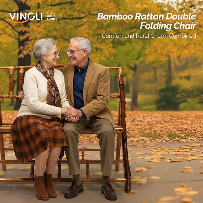 VINGLI Bamboo Rattan Folding Loveseat, Handmade Double Seat Folding Chair