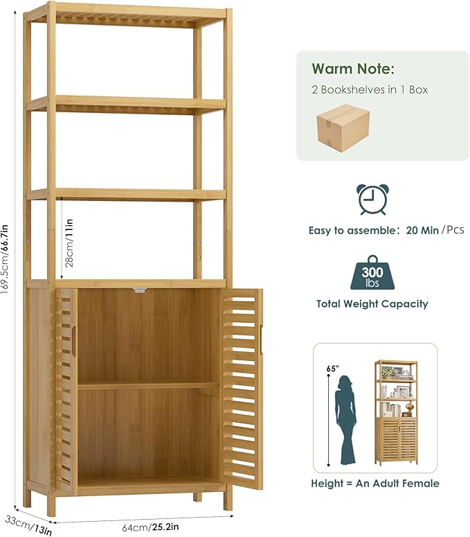 HIFIT 2 Set Tall Shelf Unit Bamboo Storage Cabinet