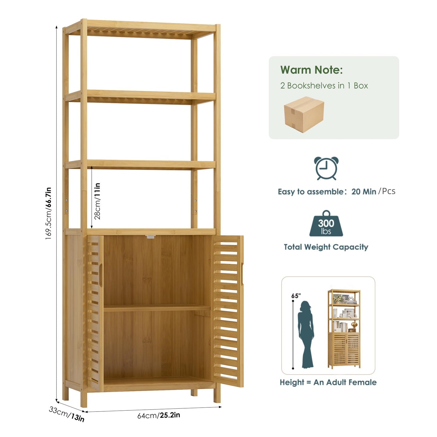 HIFIT 2 Set Tall Shelf Unit Bamboo Storage Cabinet with Doors, 5-Tier Bookshelves and Bookcases with Storage and Display, 67" Tall Cabinet w/Plant Stand for Bathroom,Living Room,Kitchen Dining,Balcony