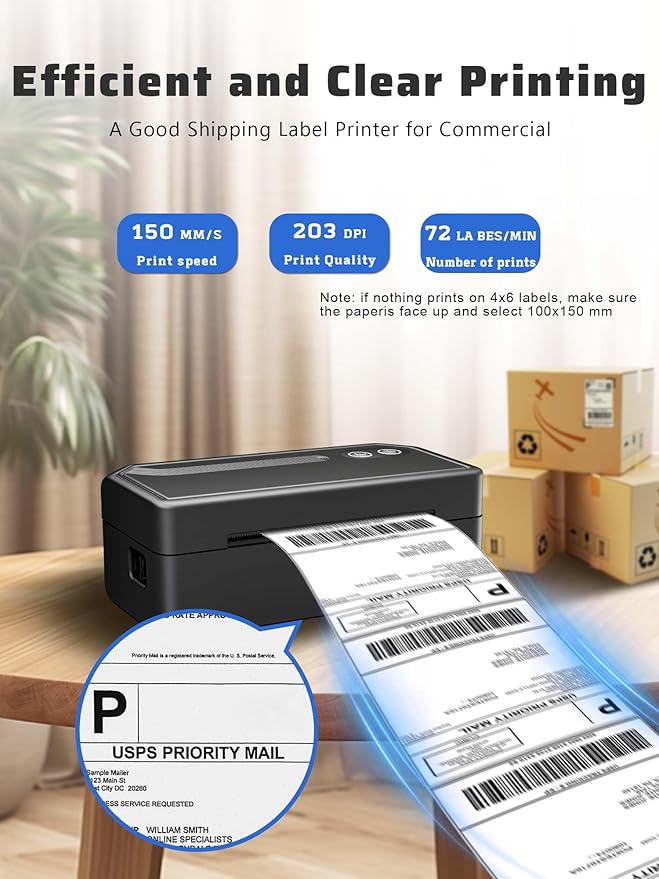 Shipping Label Printer 4x6, Bluetooth Thermal Label Printer for Small Business, Warehouse or Home Office, Compatible with Windows iOS Android Mac, USPS Amazon Ebay Etsy Black