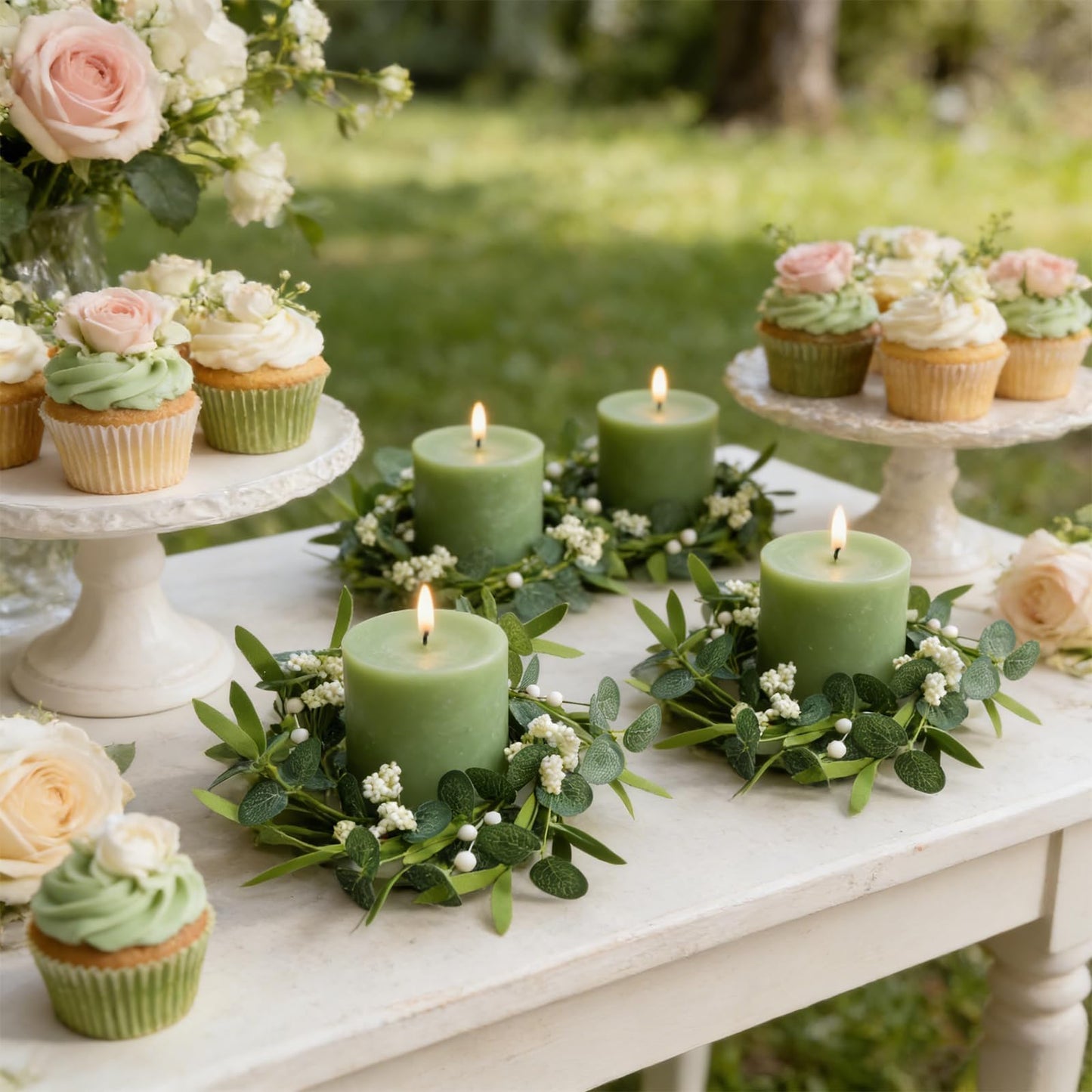 6 Pcs Green Artificial Eucalyptus Candle Rings Wreaths Mini Green Summer Kitchen Cabinet Wreath Table Centerpieces with White Berry for Pillars Farmhouse Porch Front Door Wedding Decor