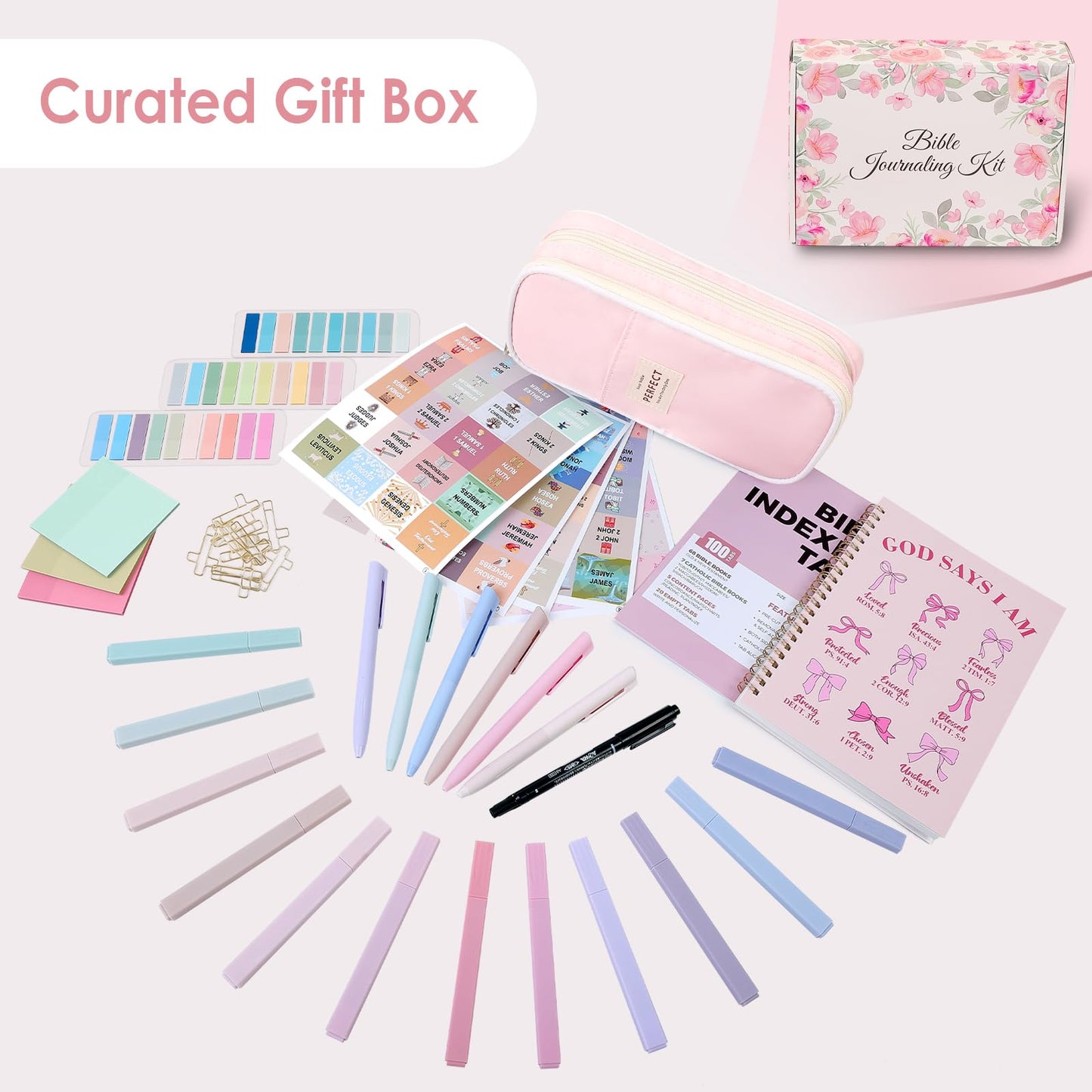 Gorsbark Bible Journaling Kit for Women, Bible Study Supplies Set with No Bleed Highlighters, Pens, Tabs, Notebook, Pencil Case, Christian Gifts for Women, Beginners, Students, Bible Study kit (Pink)