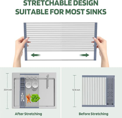 BBXTYLY Expandable Roll Up Dish Drying Rack,Over The Sink Drying Rack Sink Kitchen Accessories Rolling up Stainless Steel Drainer, Foldable with Removable Utensil Holder(Gray)
