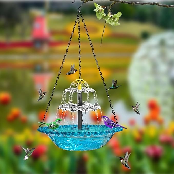 Solar Hanging Bird Bath with Fountain Cascade, Solar Powered Cascade Hanging Bird Bath Fountain with Solars Pump,for Outdoor and Gardens,for Outdoor and Gardens (Gray)