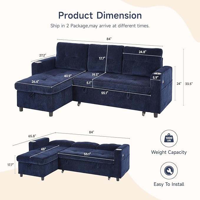 ONBRILL Sleeper Sofa, Pull Out Couch Bed