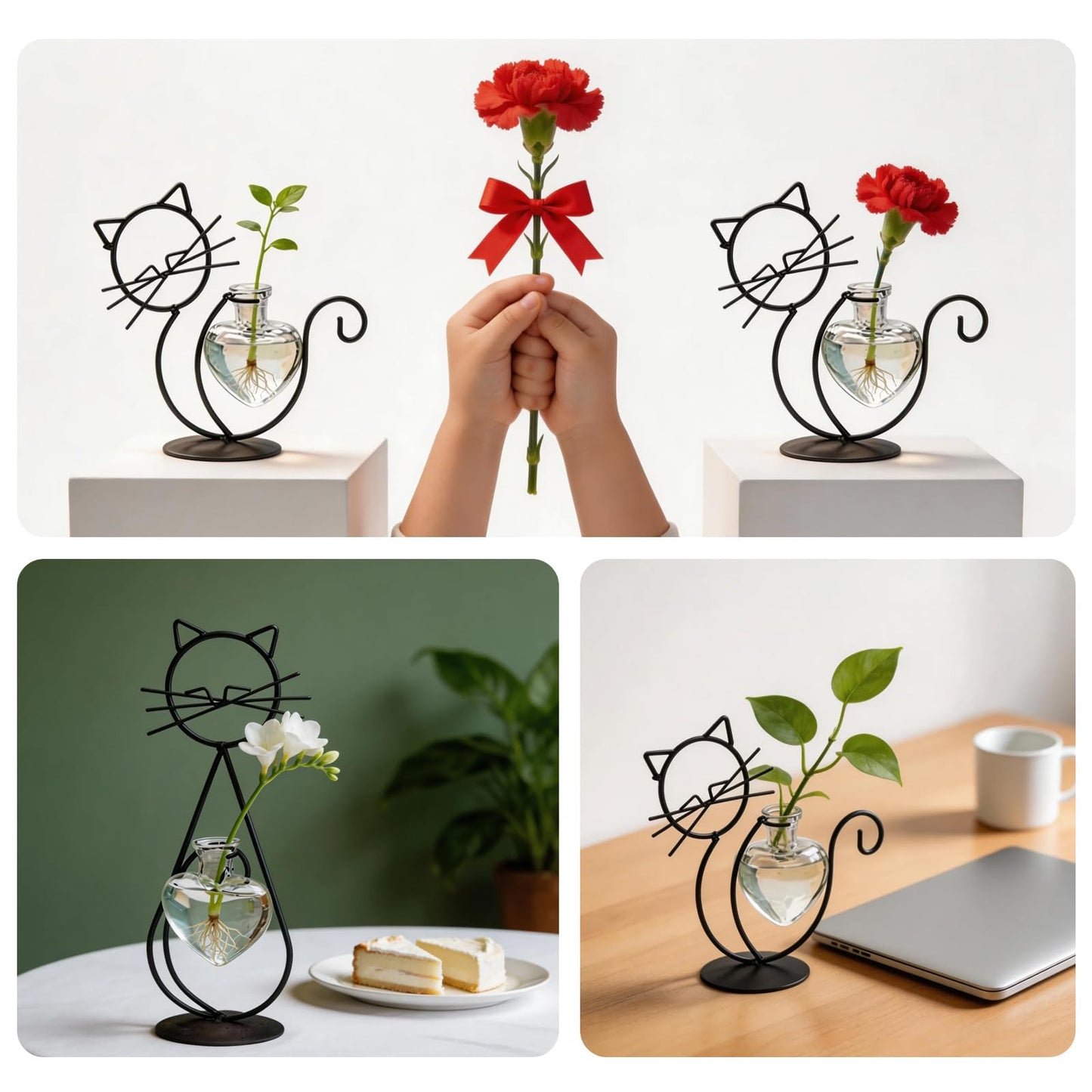 Cat Vase, Plant Propagation Station, Nordic Iron Art Hydroponic Vase, Minimalist Line Cat Desktop Decor for Indoor Home Office