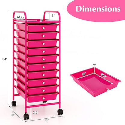 COSTWAY 10-Drawer Rolling Storage Cart, Utility Mobile Trolley with Removable Drawers & Universal Casters & 2 Brakes, Versatile Flexible Drawer Organizer Cart for Home, Office, Hot Pink
