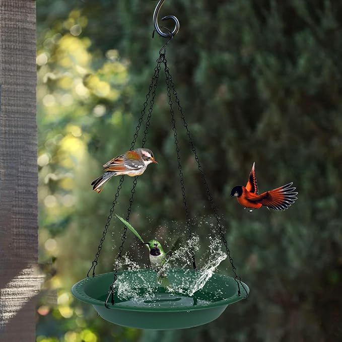 OVZILKI Bird Baths for Outdoors Heavy Duty, 16 inch BirdBath Bowl Only with Rust-Proof Black Chains, Hanging Bird Bath Hanging Bird-Feeder for Garden Backyard Decor (Green 1 Pack)