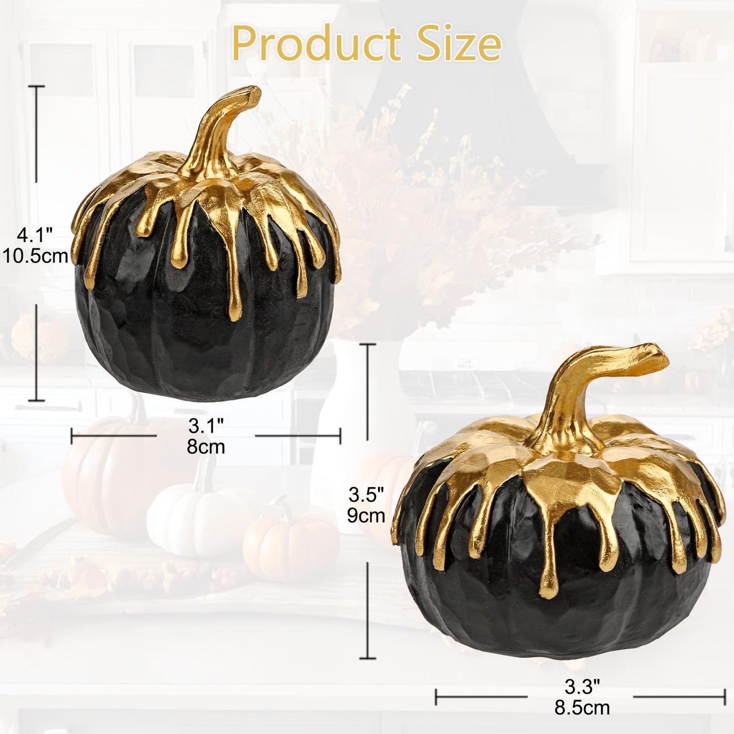 Hollyone Fall Pumpkin Decor 2 PCS Black and Gold Resin Pumpkin Fake Pumpkins for Decorating Figurines Artificial Pumpkins Centerpiece Rustic Farmhouse Halloween Table Fall Decorations for Home