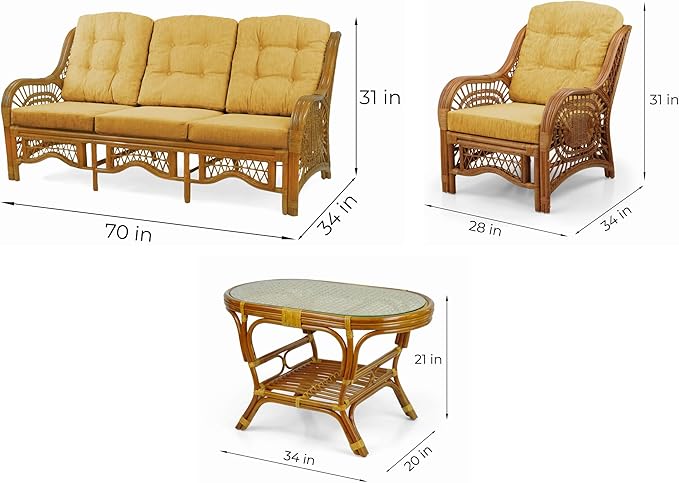 Malibu Lounge Set of 4: 2 Natural Rattan Wicker Chairs, Three-Seater Sofa
