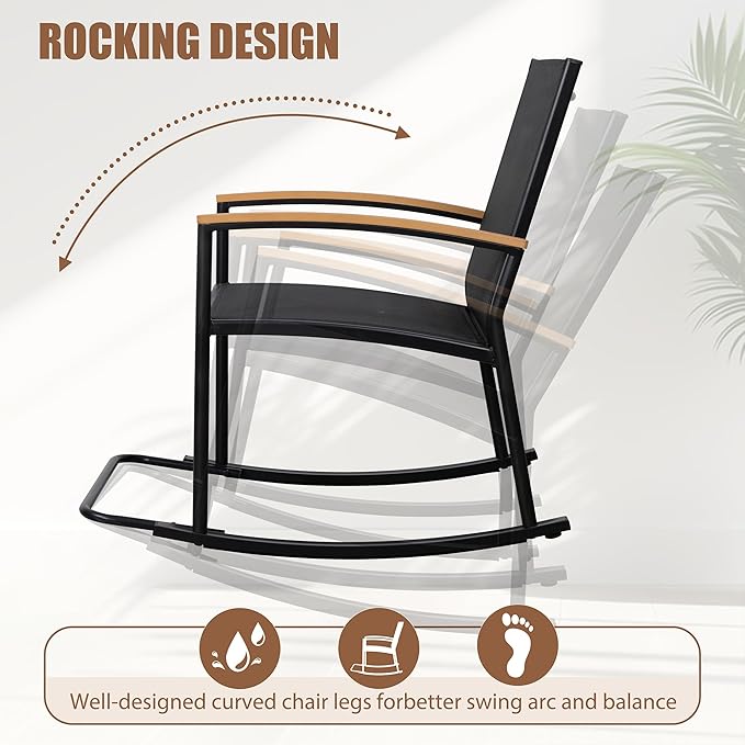 Shintenchi 3 Piece Outdoor Rocking Bistro Set, Textilene Fabric Small Patio