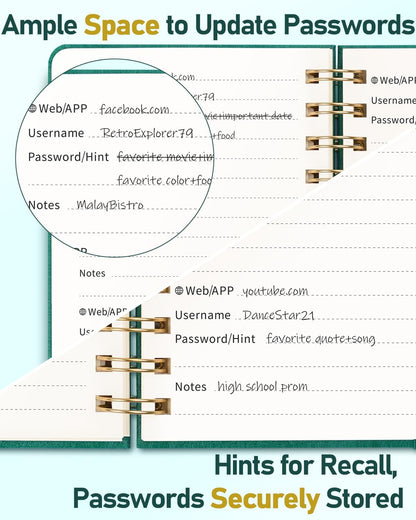 WEMATE Password Book with Alphabetical Tabs, Spiral Password Keeper Book for Seniors, Internet Password Notebook Password Journal Logbook Log in Detail, Small – 4.7''x 6'' (Teal)
