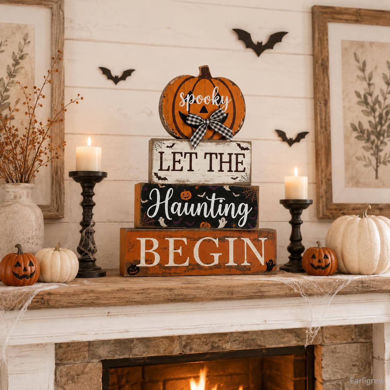 4 Pcs Halloween Table Decorations Pumpkin Bow Tiered Tray Decor Farmhouse Rustic Wooden Block Signs Spooky Halloween tabletop Centerpiece for Home Kitchen Mantel Shelf