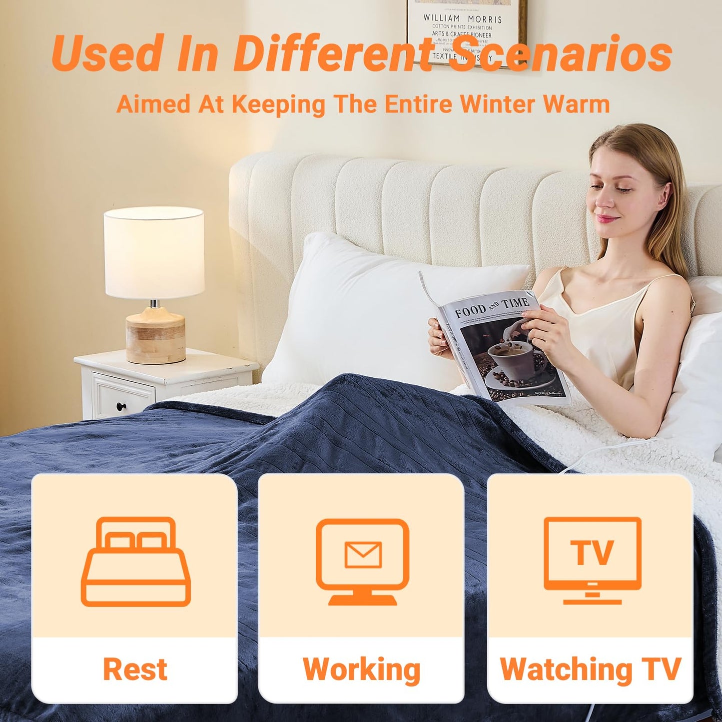 Electric Blanket Heated Throw, Soft Flannel Heating Blanket with 8 Hours Auto Off 10 Fast Heating Levels Machine Washable Sherpa Heated Blanket with Overheating Protection